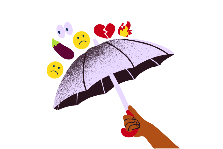 Illustration of an umbrella being held up to protect from negative emojis
